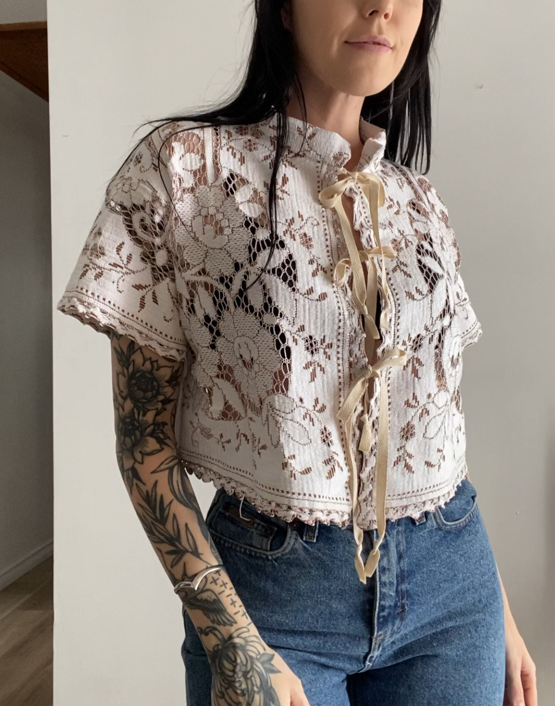 Upcycled Tie-front Lace Blouse