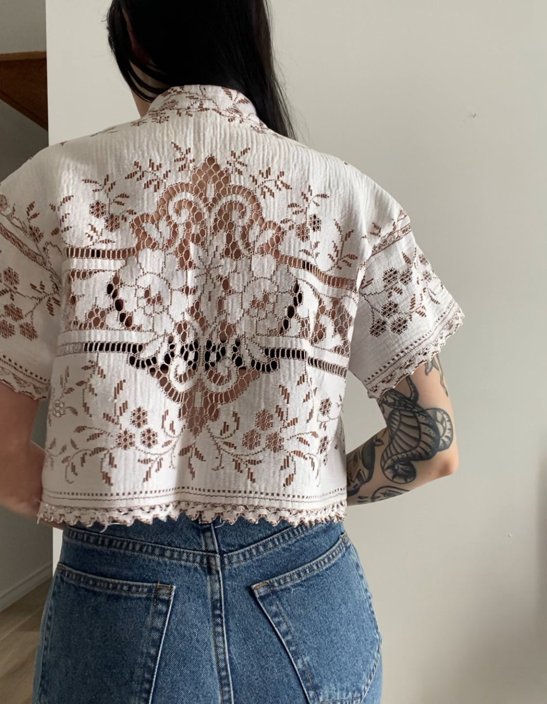 Upcycled Tie-front Lace Blouse