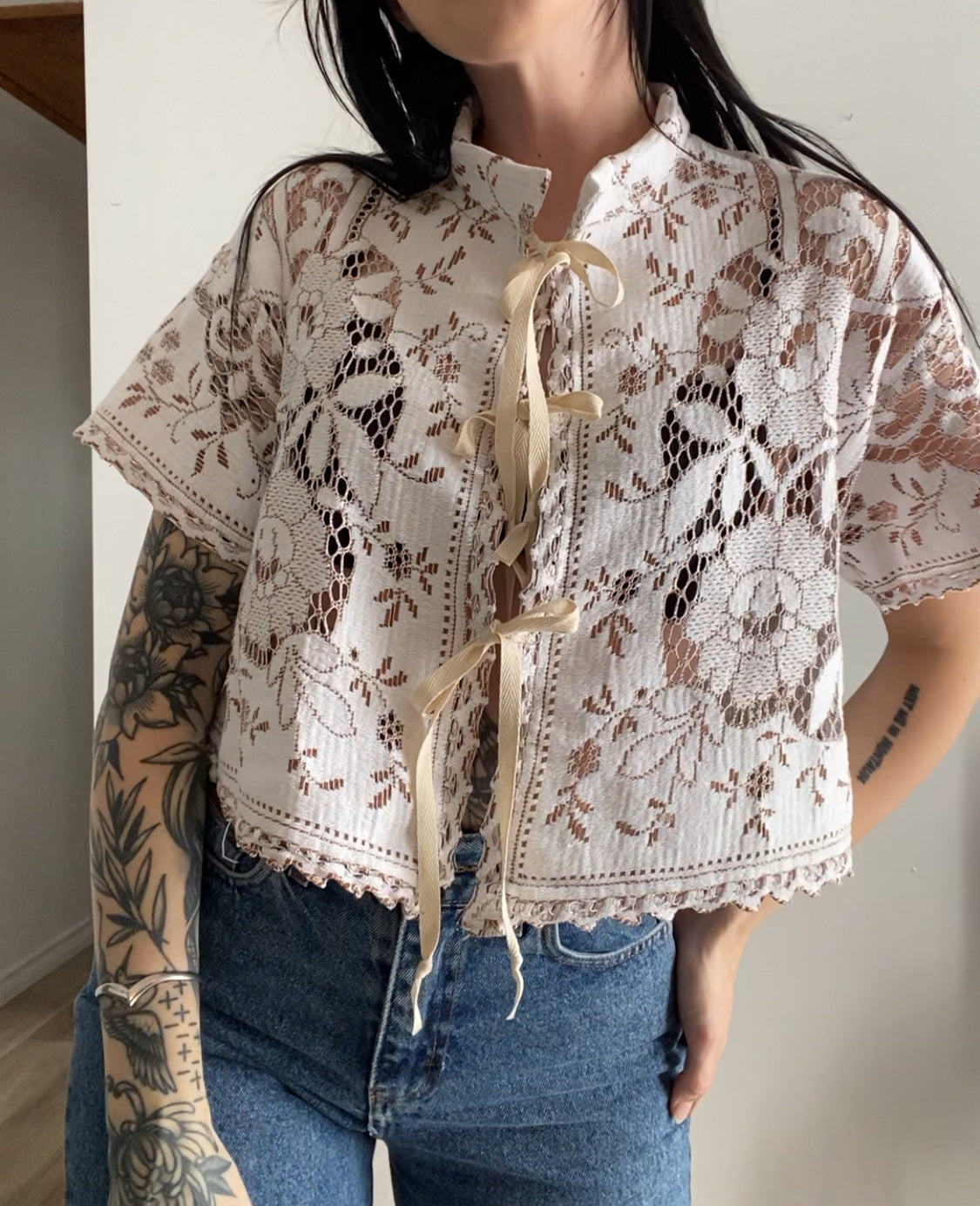 Upcycled Tie-front Lace Blouse