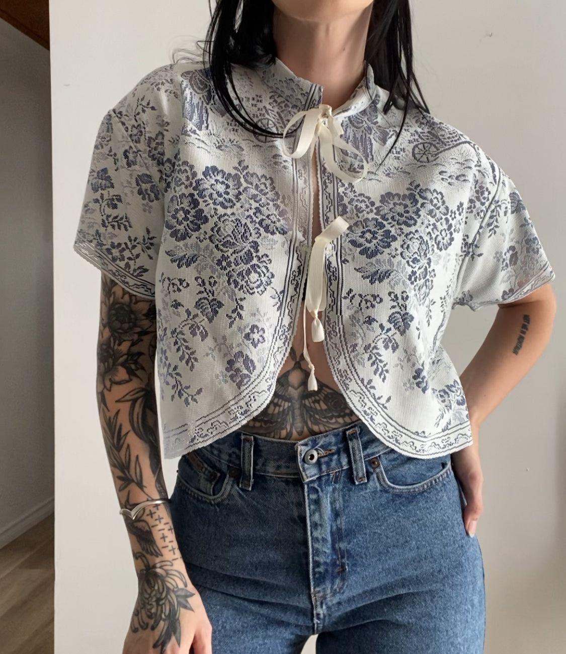 Upcycled Tie-front Lace Blouse