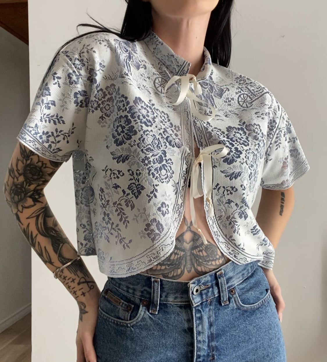 Upcycled Tie-front Lace Blouse