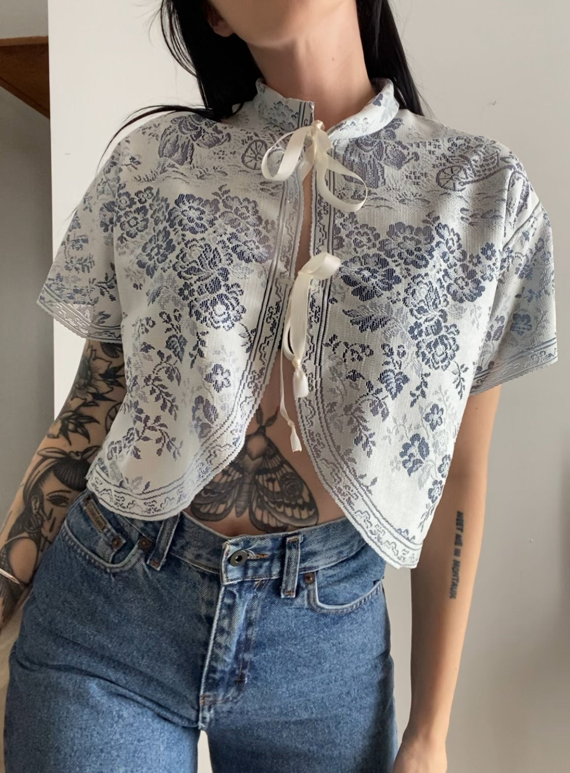 Upcycled Tie-front Lace Blouse