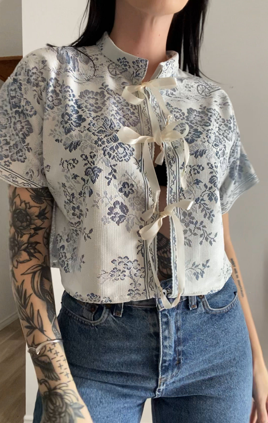 Upcycled Tie-front Lace Blouse