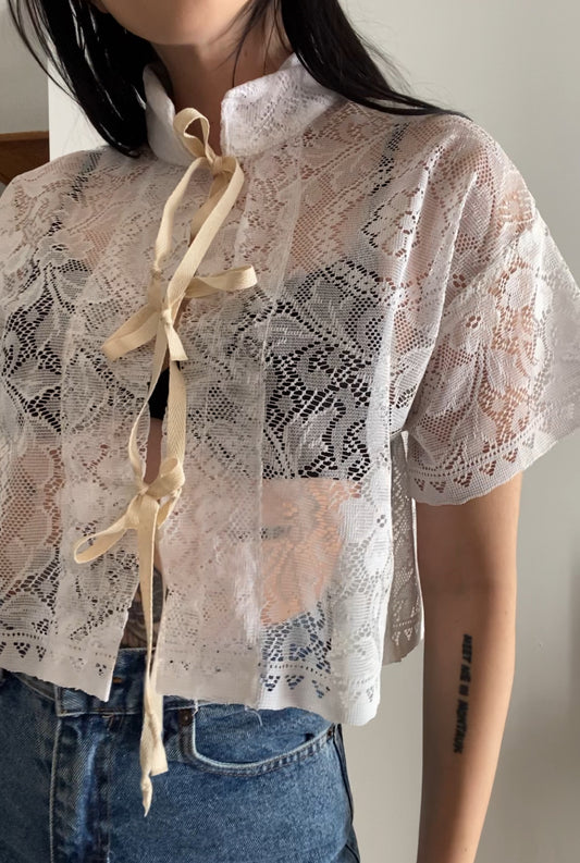 Upcycled Tie-front Lace Blouse