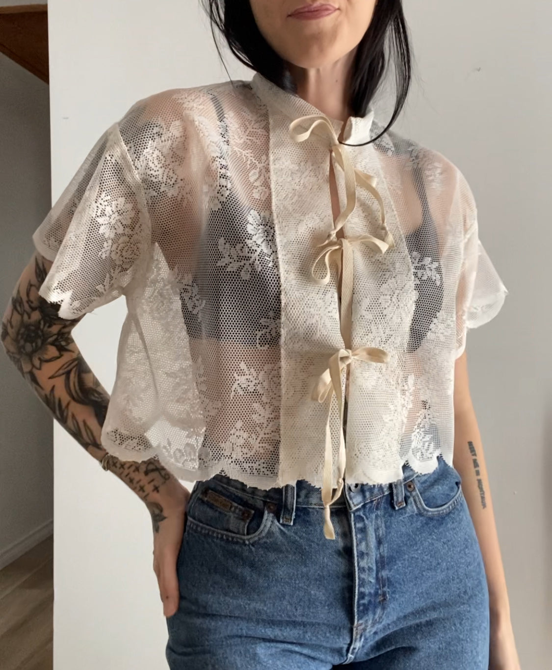 Upcycled Tie-front Lace Blouse