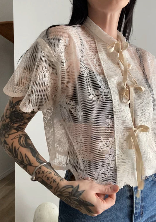 Upcycled Tie-front Lace Blouse