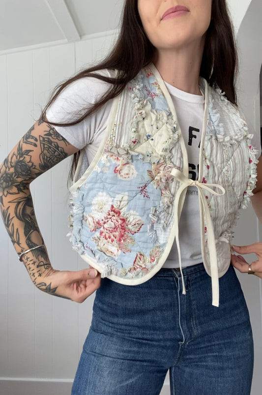 Upcycled Tie Front Floral Quilt Vest