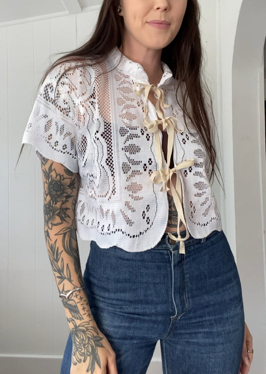 Upcycled Tie Front Lace Blouse