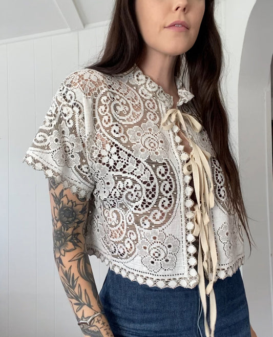 Upcycled Tie Front Lace Blouse