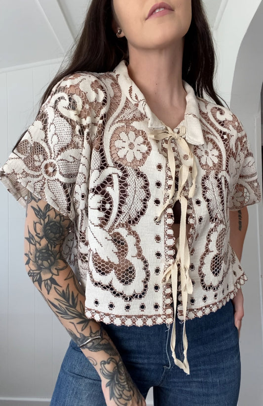 Upcycled Tie Front Lace Blouse