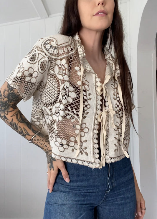 Upcycled Tie Front Lace Blouse