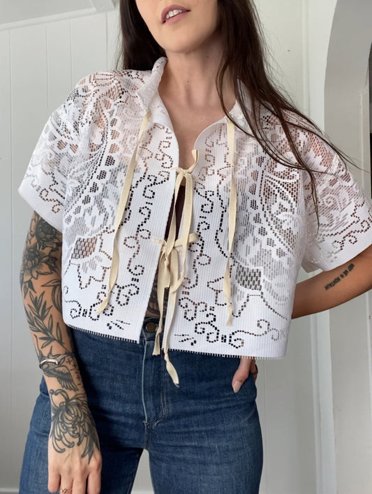 Upcycled Tie Front Lace Blouse