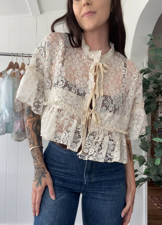 Upcycled Tie Front Lace Blouse