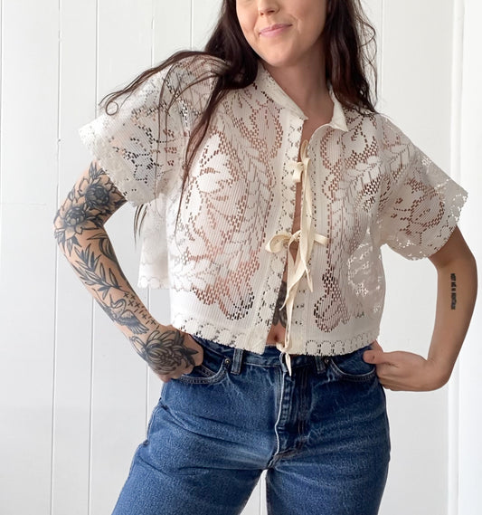 Upcycled Tie Front Lace Blouse