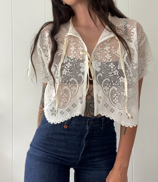 Upcycled Tie Front Lace Blouse