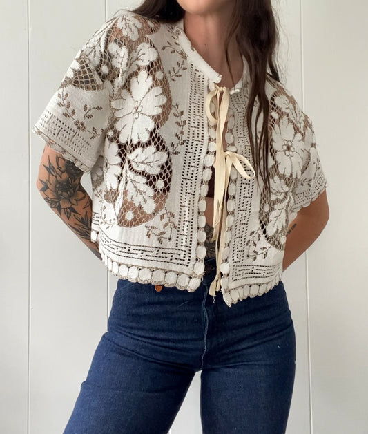 Upcycled Tie Front Lace Blouse