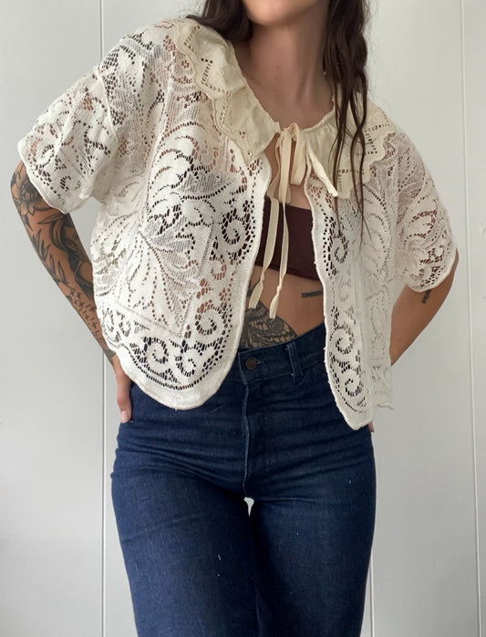 Upcycled Tie Front Lace Blouse with Collar