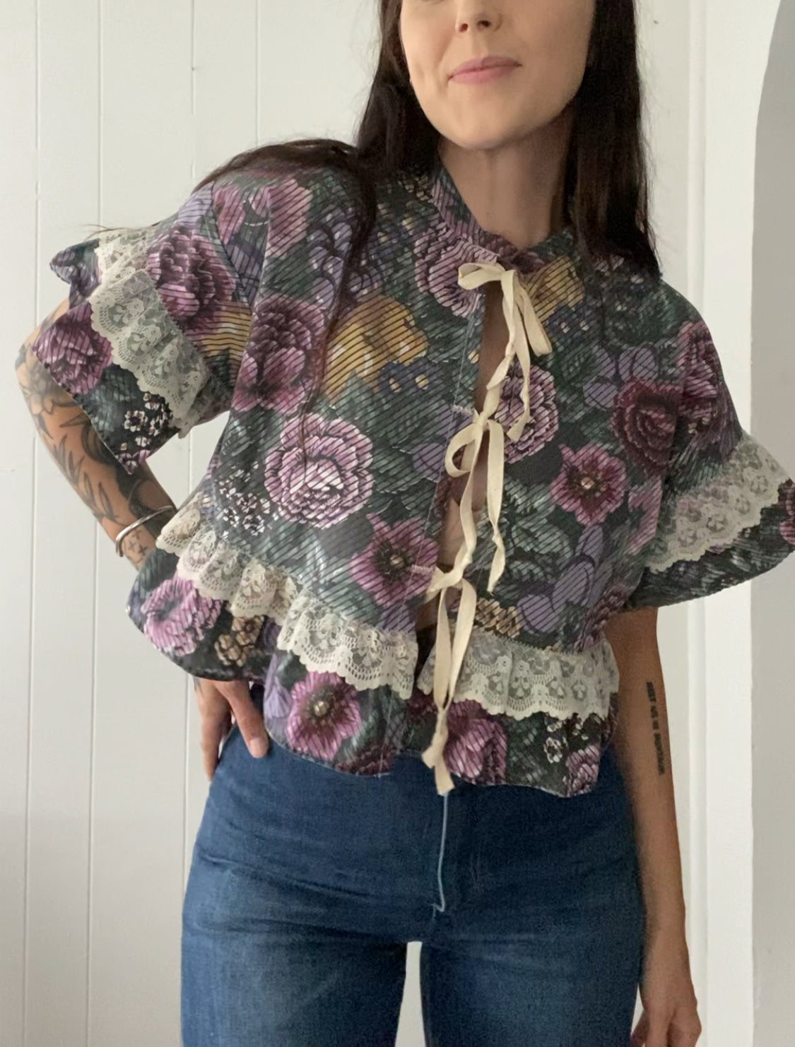 Upcycled Tie Front Floral Blouse