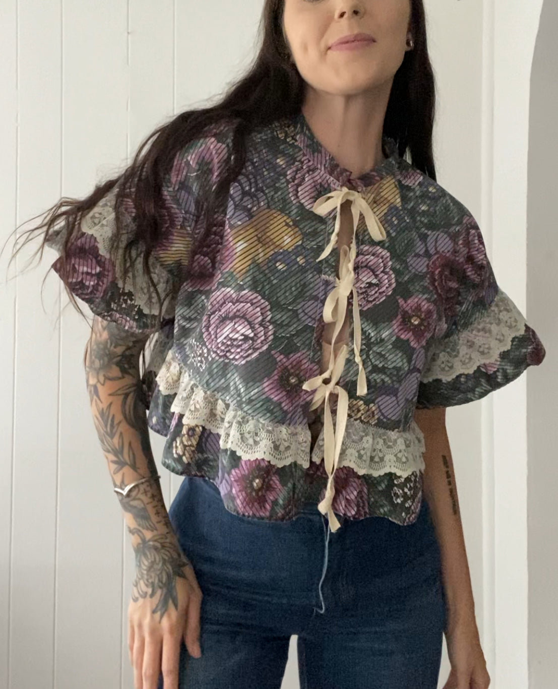 Upcycled Tie Front Floral Blouse