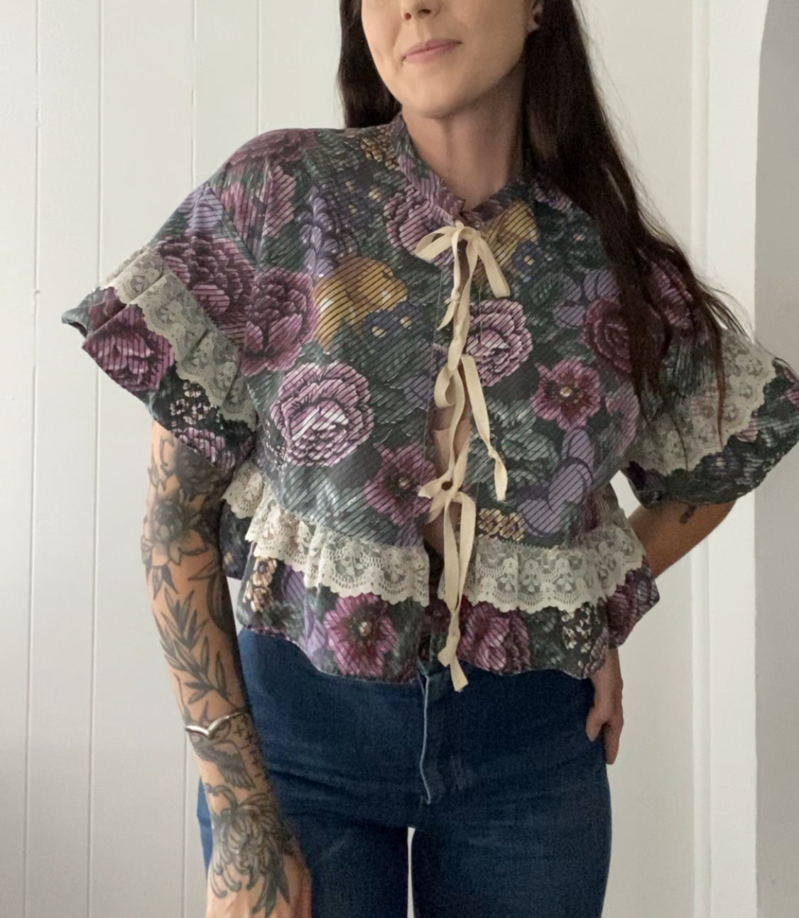 Upcycled Tie Front Floral Blouse