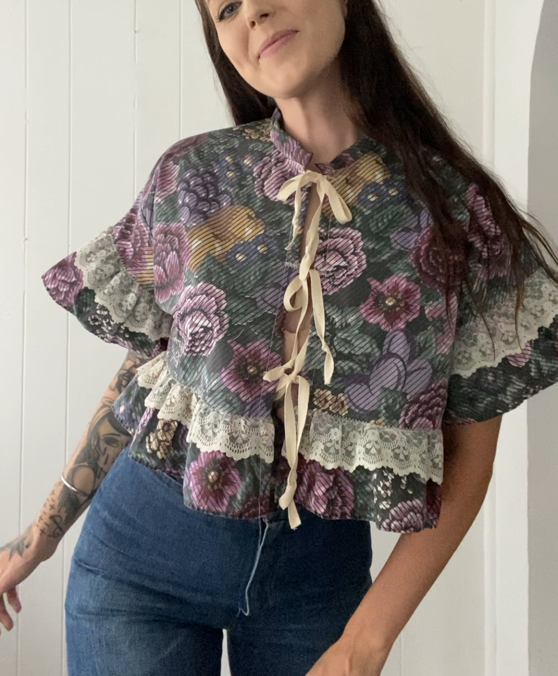 Upcycled Tie Front Floral Blouse