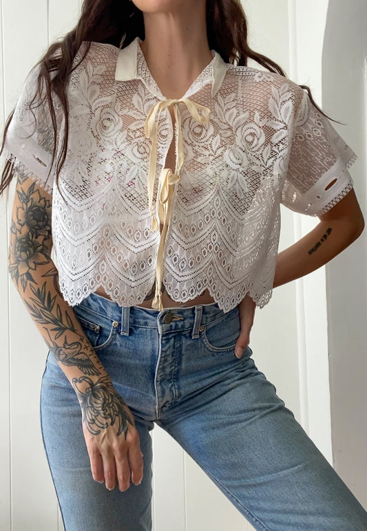 Upcycled Tie Front Lace Blouse