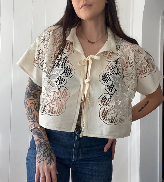 Upcycled Tie Front Lace Blouse