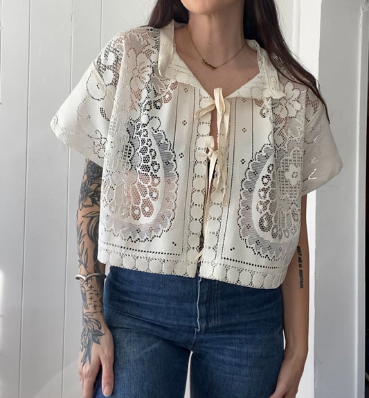 Upcycled Tie Front Lace Blouse