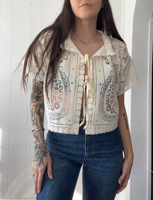 Upcycled Tie Front Lace Blouse