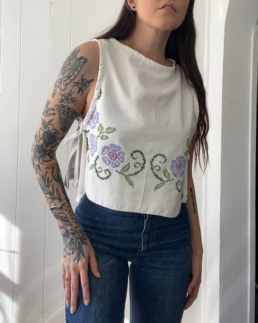 Upcycled Embroidered Side-Tie Tank Top