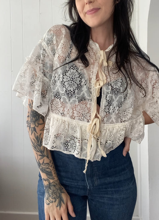 Upcycled Tie Front Lace Blouse