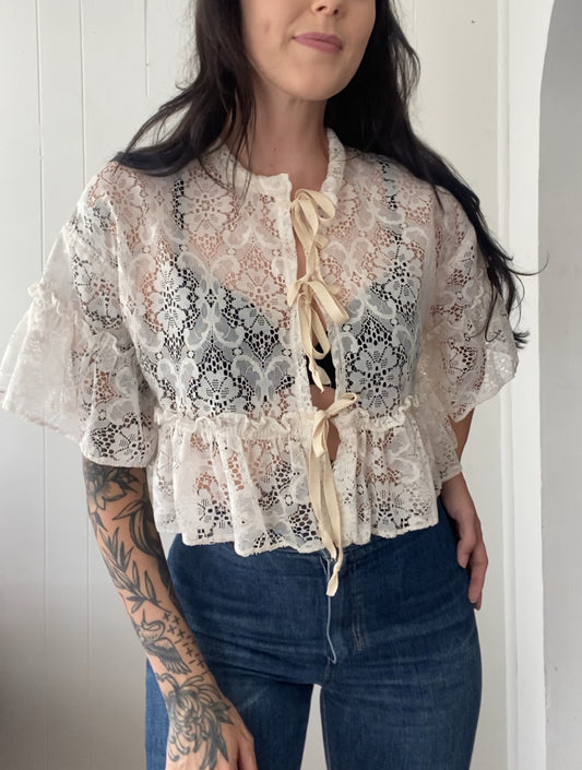 Upcycled Tie Front Lace Blouse