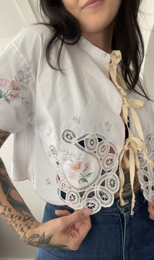 Upcycled Tie Front Horseshoe Blouse