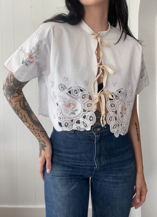 Upcycled Tie Front Horseshoe Blouse