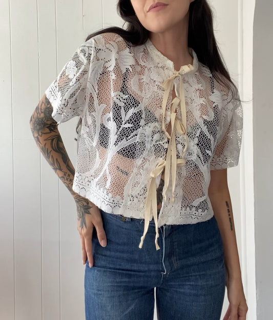 Upcycled Tie Front Lace Blouse