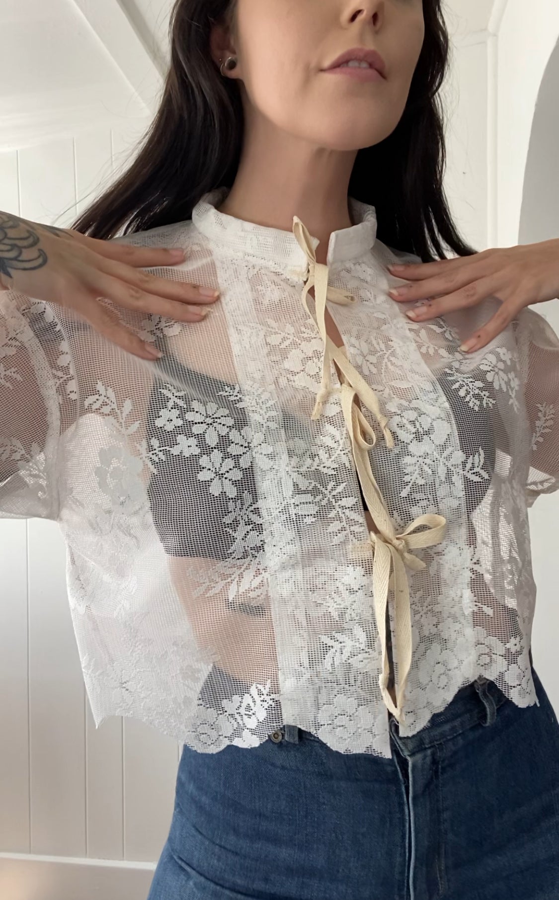 Upcycled Tie Front Lace Blouse