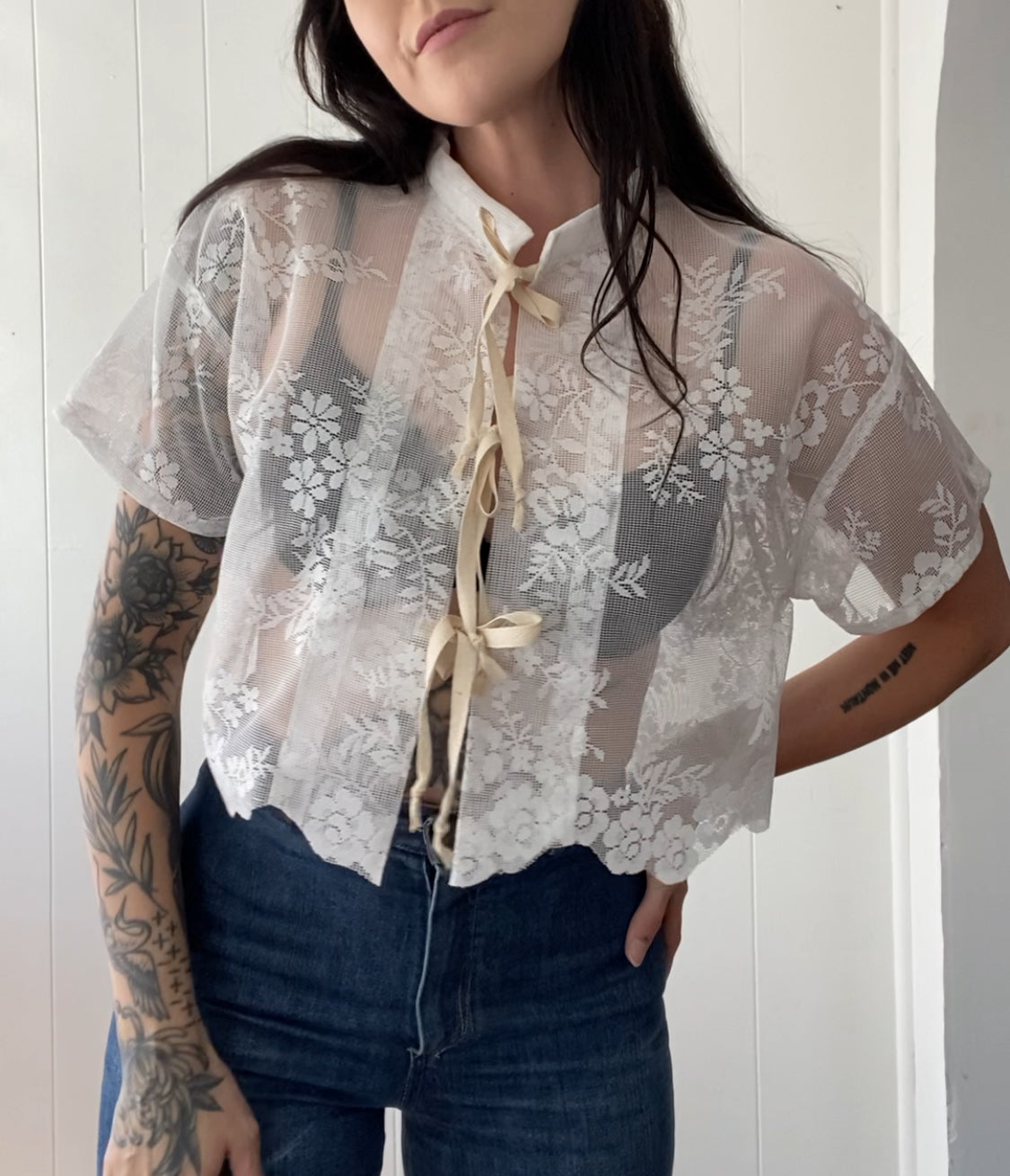 Upcycled Tie Front Lace Blouse