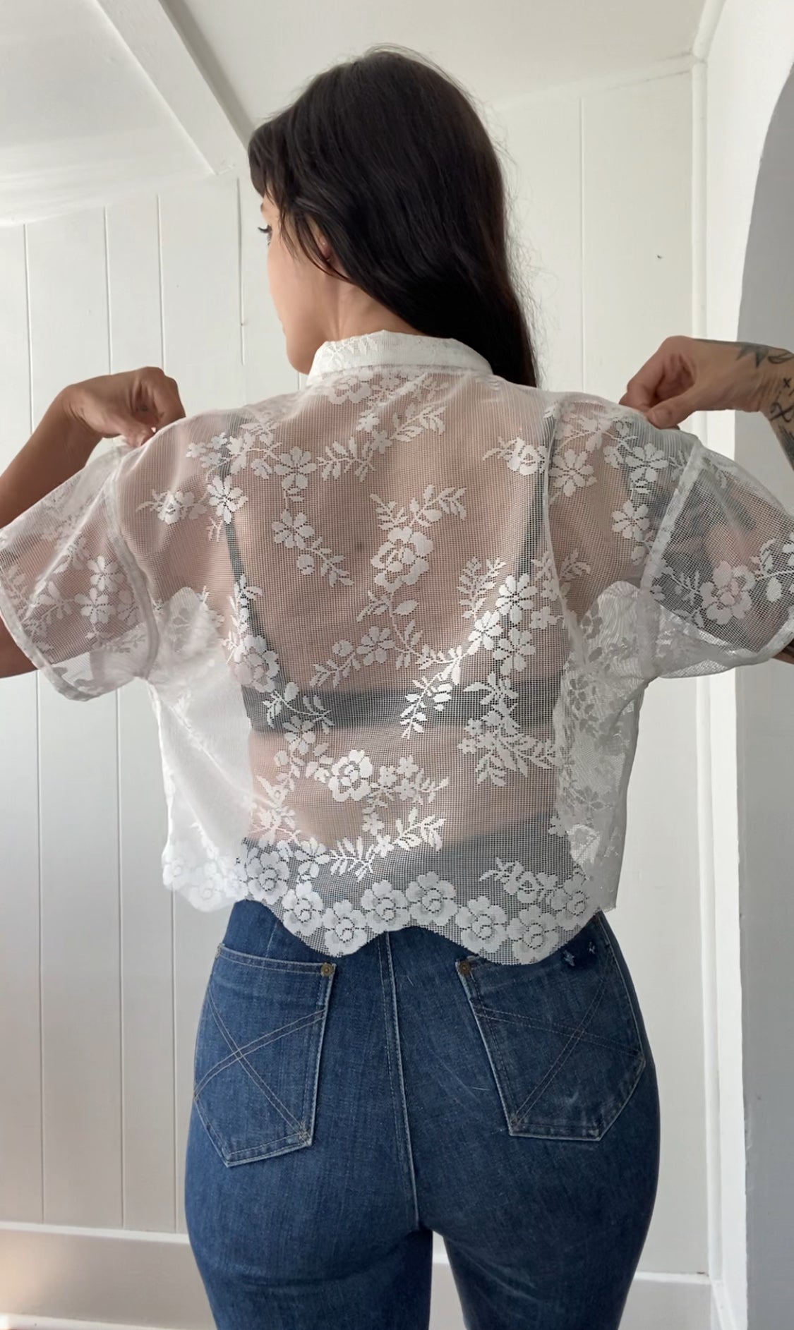 Upcycled Tie Front Lace Blouse