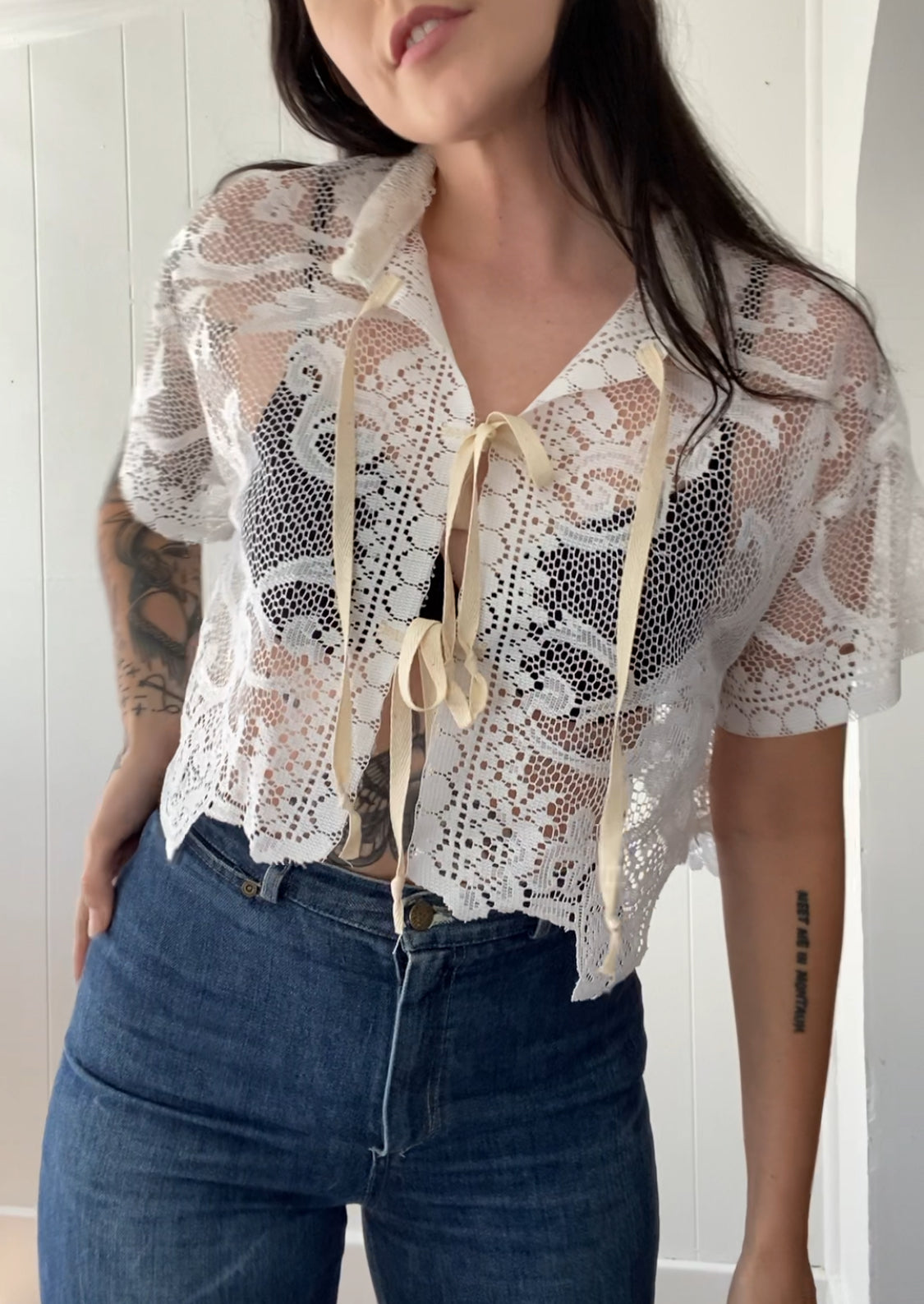 Upcycled Tie Front Lace Blouse