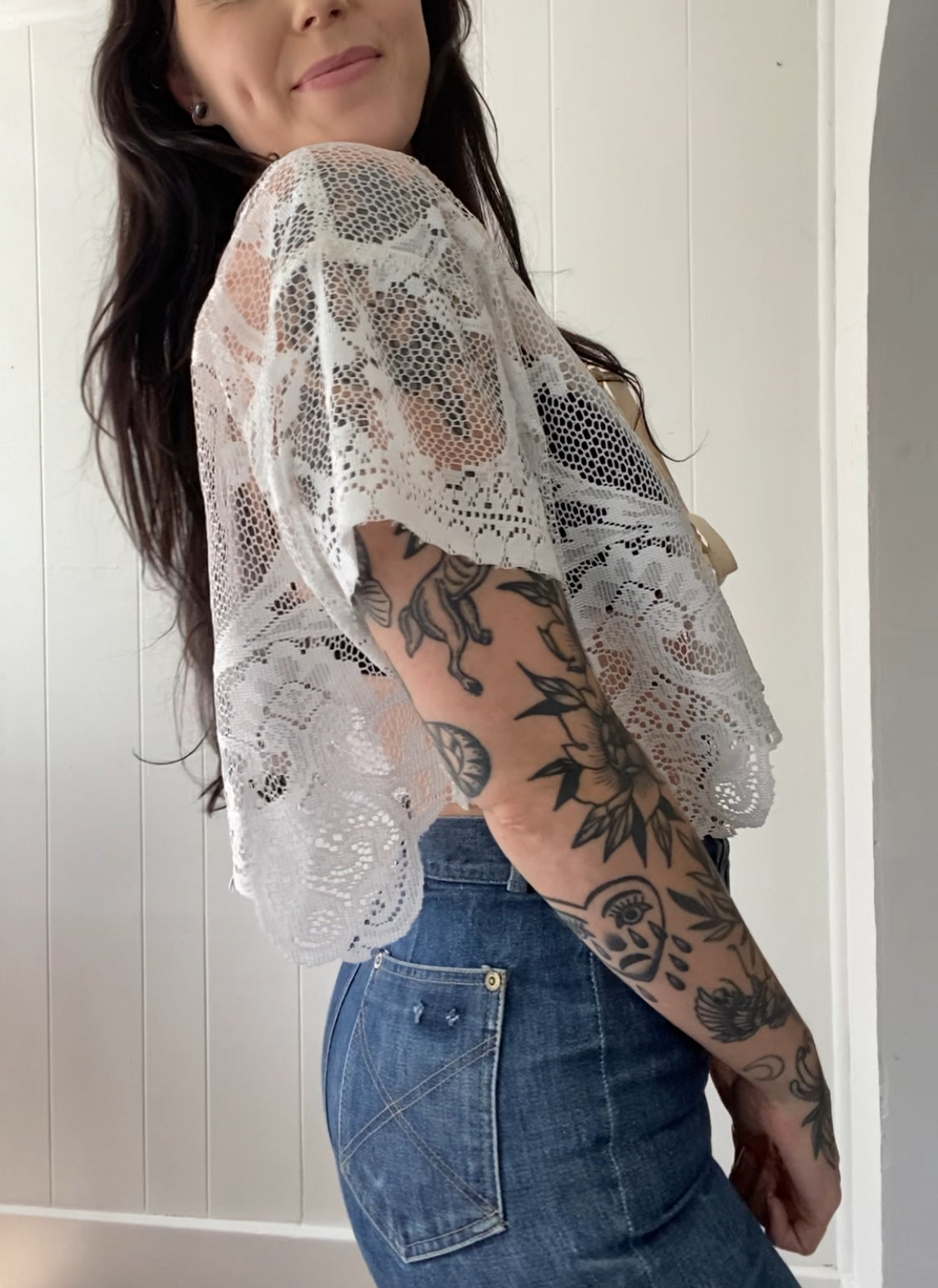 Upcycled Tie Front Lace Blouse