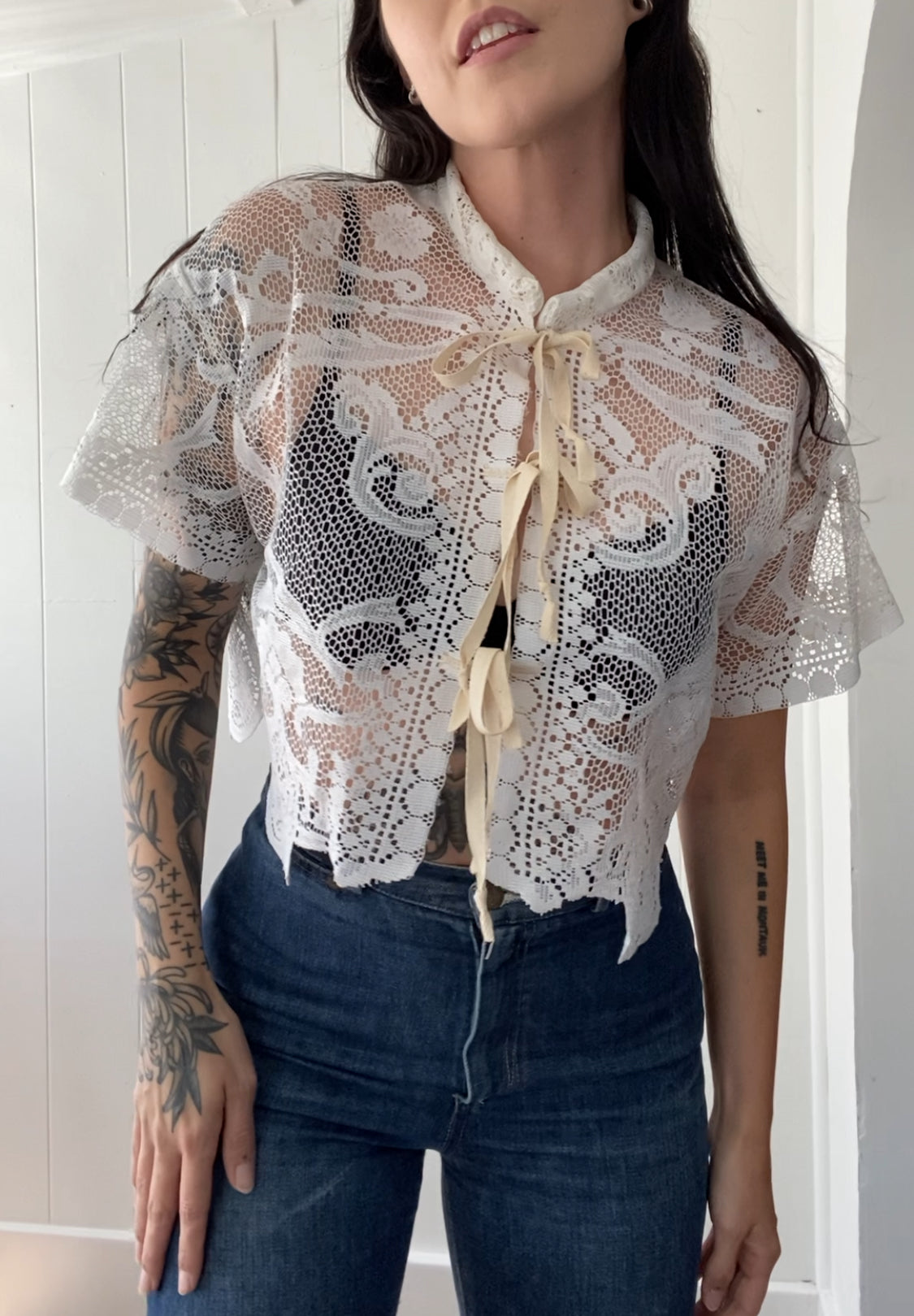 Upcycled Tie Front Lace Blouse