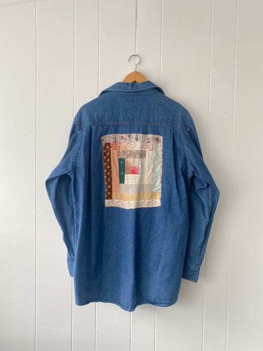 L Vintage Quilt Block Denim Button Down