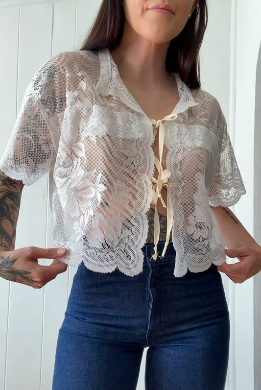 Upcycled Tie Front Lace Blouse