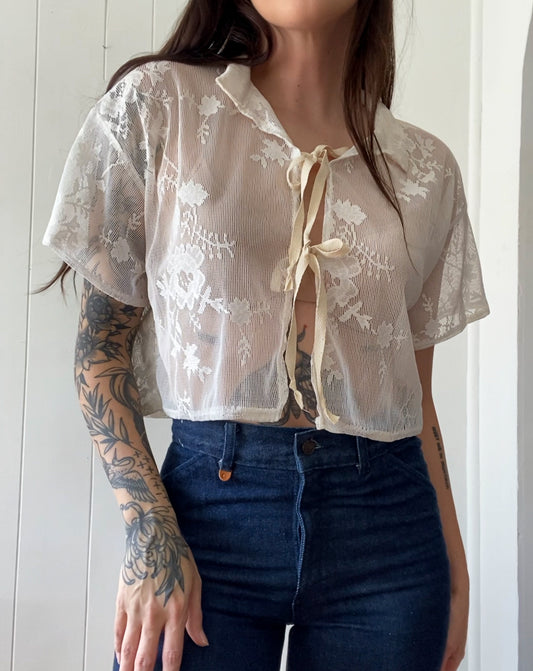 Upcycled Tie Front Lace Blouse