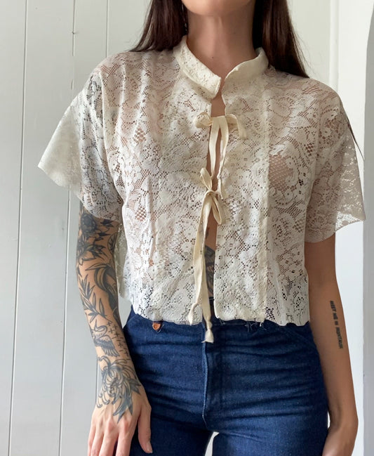 Upcycled Tie Front Lace Blouse