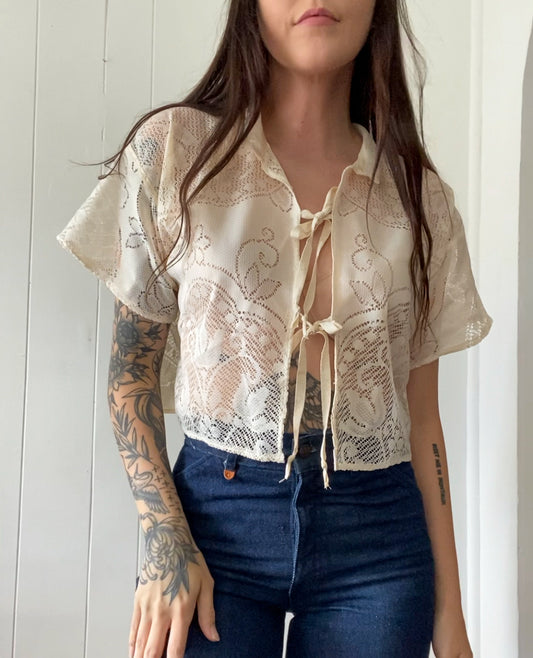 Upcycled Tie Front Lace Blouse