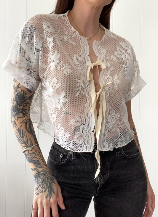 Upcycled Tie Front Lace Blouse