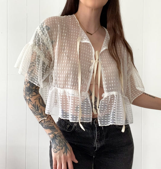 (M) Upcycled Tie Front Frilly Lace Blouse