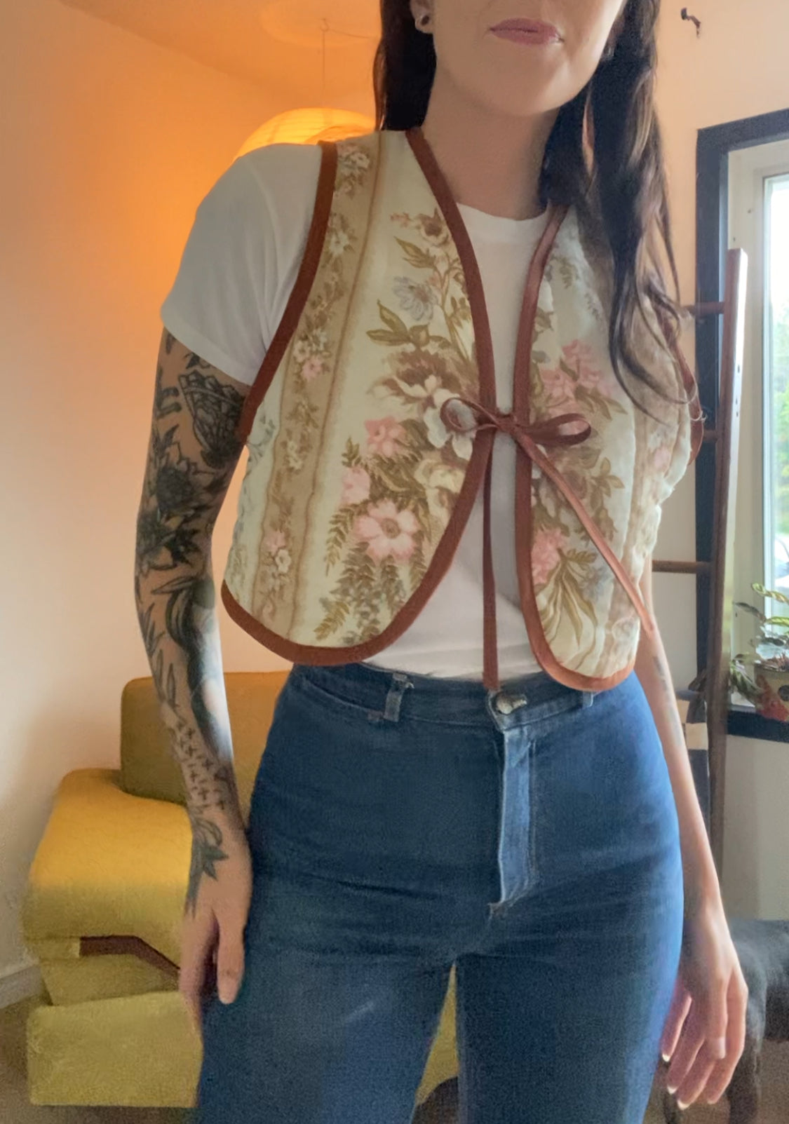 (S) Upcycled Tie Front Floral Vest