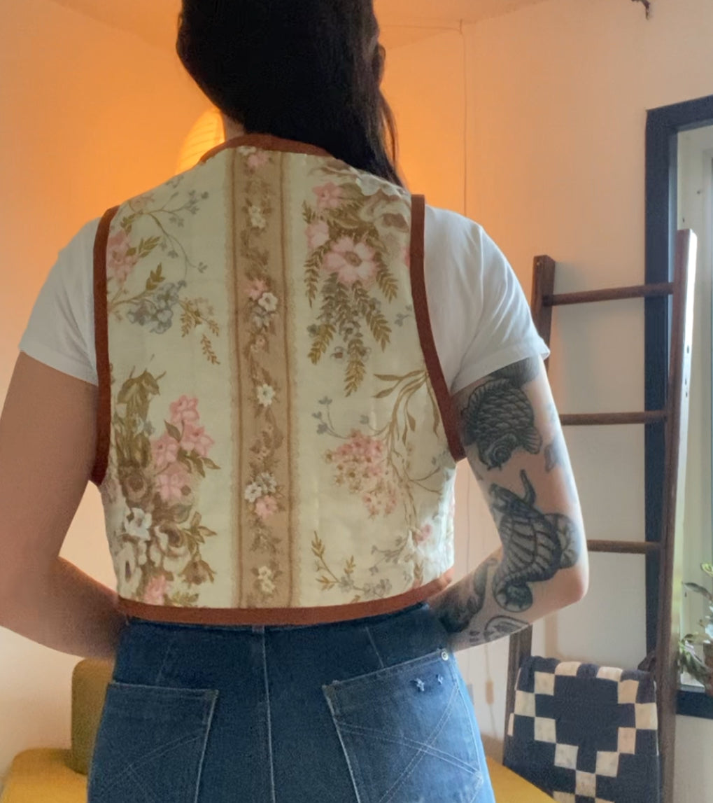 (S) Upcycled Tie Front Floral Vest